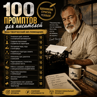 100 промптов ChatGPT для писателей — AI Writer Pro 2026: сюжеты, персонажи и создание